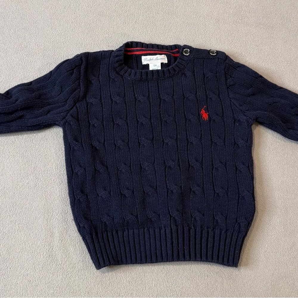 Polo Ralph Lauren Blue Cable Knit Long Sleeve Cotton Sweater Size 12 Months